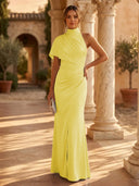 Mermaid Pleated High Neck Short Sleeve Long Formal Dresses Wedding Guest Maxi Dresses
