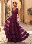 Tulle V Neck Ruffles Long A Line Formal Dresses