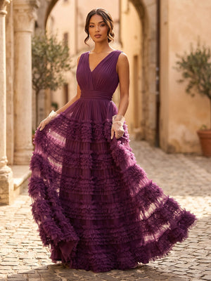Tulle V Neck Ruffles Long A Line Formal Dresses