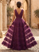 Tulle V Neck Ruffles Long A Line Formal Dresses