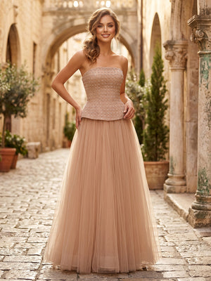Tulle A Line Long Sheath Strapless Formal Dresses