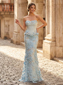 Satin Mermaid Strapless Long Formal Dresses with Flower