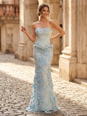 Satin Mermaid Strapless Long Formal Dresses with Flower