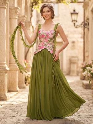 Chiffon Square Neck Long Formal Dresses with Ruffles