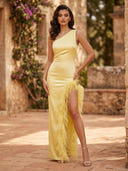 Satin Mermaid One Shoulder Long Sheath Formal Dresses with Slit