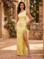 Satin Mermaid One Shoulder Long Sheath Formal Dresses with Slit