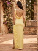 Satin Mermaid One Shoulder Long Sheath Formal Dresses with Slit