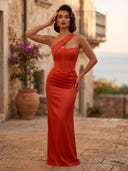 Satin Mermaid Sheath One Shoulder Long Formal Dresses