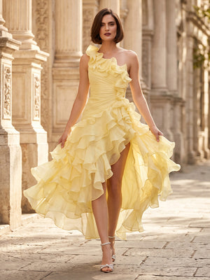 A Line One Shoulder Sleeveless Long Formal Dresses with Slit