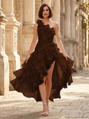 Chiffon A Line Formal Dresses Pleated One Shoulder Sleeveless Long Wedding Guest Maxi Dresses