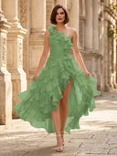 Chiffon A Line Formal Dresses Pleated One Shoulder Sleeveless Long Wedding Guest Maxi Dresses