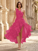 Chiffon A Line Formal Dresses Pleated One Shoulder Sleeveless Long Wedding Guest Maxi Dresses