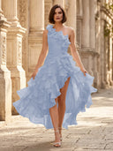 Chiffon A Line Formal Dresses Pleated One Shoulder Sleeveless Long Wedding Guest Maxi Dresses
