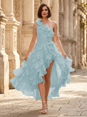 Chiffon A Line Formal Dresses Pleated One Shoulder Sleeveless Long Wedding Guest Maxi Dresses