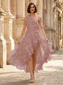 Chiffon A Line Formal Dresses Pleated One Shoulder Sleeveless Long Wedding Guest Maxi Dresses