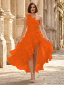 Chiffon A Line Formal Dresses Pleated One Shoulder Sleeveless Long Wedding Guest Maxi Dresses