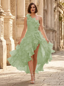 Chiffon A Line Formal Dresses Pleated One Shoulder Sleeveless Long Wedding Guest Maxi Dresses