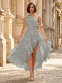 Chiffon A Line Formal Dresses Pleated One Shoulder Sleeveless Long Wedding Guest Maxi Dresses
