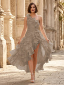 Chiffon A Line Formal Dresses Pleated One Shoulder Sleeveless Long Wedding Guest Maxi Dresses