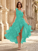 Chiffon A Line Formal Dresses Pleated One Shoulder Sleeveless Long Wedding Guest Maxi Dresses