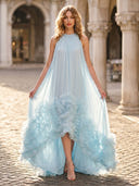 A Line High Low Round Neck Sleeveless Long Formal Dresses