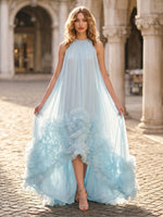 A Line High Low Round Neck Sleeveless Long Formal Dresses
