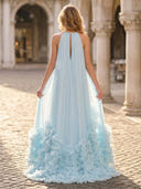 A Line High Low Round Neck Sleeveless Long Formal Dresses