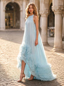 A Line High Low Round Neck Sleeveless Long Formal Dresses