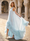A Line High Low Round Neck Sleeveless Long Formal Dresses