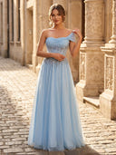 A Line Off Shoulder Sleeveless Long Formal Dresses with Beads