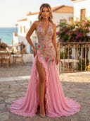 Mermaid Deep V Neck Sleeveless Long Formal Dresses with Slit