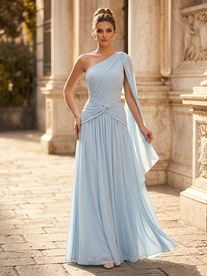 Chiffon A Line Pleated One Shoulder Sleeveless Long Formal Dresses