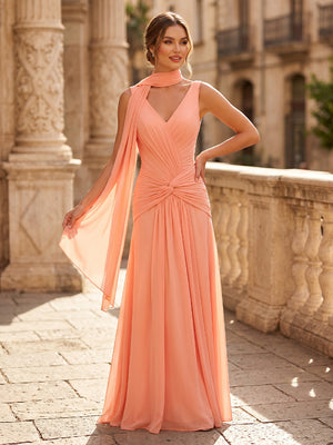 Chiffon Sheath Pleated V Neck Sleeveless Long Formal Dresses with Scarf