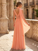 Chiffon Sheath Pleated V Neck Sleeveless Long Formal Dresses with Scarf