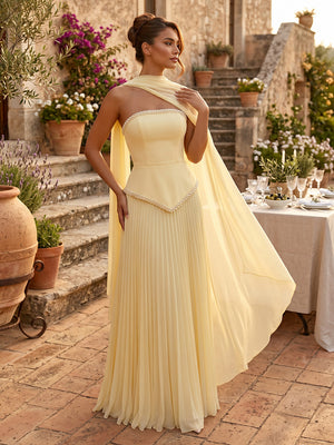 Chiffon A Line Strapless Sleeveless Long Formal Dresses with Scarf