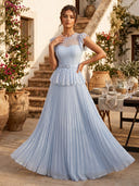 Chiffon A Line Round Neck Short Sleeve Long Formal Dresses with Belt