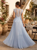 Chiffon A Line Round Neck Short Sleeve Long Formal Dresses with Belt