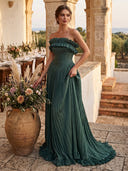 A Line Strapless Sleeveless Long Formal Dresses with Train