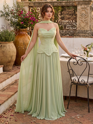 A Line Sweetheart Sleeveless Long Formal Dresses with Scarf