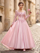 Ball Gown Square Neck Long Sleeve Formal Dresses with Flower