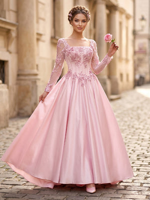 Ball Gown Square Neck Long Sleeve Formal Dresses with Flower