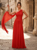 Sheath Chiffon Pleated One Shoulder Sleeveless Long Formal Dresses