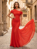 Mermaid Pleated Off Shoulder Sleeveless Long Formal Dresses