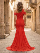 Mermaid Pleated Off Shoulder Sleeveless Long Formal Dresses