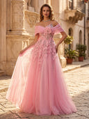 Tulle A Line Off Shoulder Sleeveless Formal Dresses with Flower