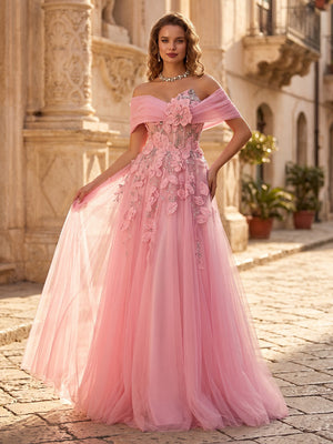 Tulle A Line Off Shoulder Sleeveless Formal Dresses with Flower