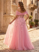 Tulle A Line Off Shoulder Sleeveless Formal Dresses with Flower