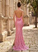 Sequin Mermaid Cowl Neck Sleeveless Formal Dresses with Slit