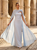 Column Strapless Long Formal Dresses with Cape Wedding Guest Sleeveless Maxi Dresses