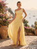 A Line One Shoulder Sleeveless Long Formal Dresses with Slit